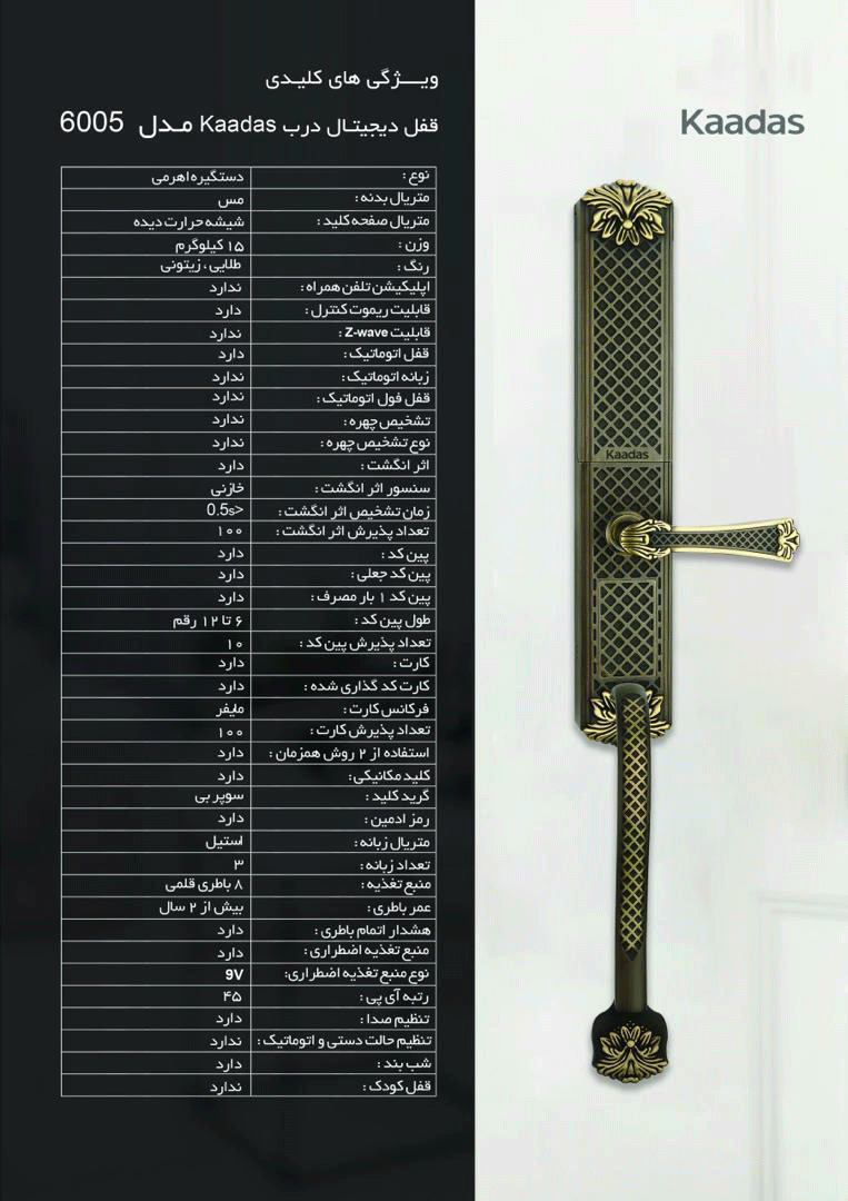 کاتالوگ دستگیره دیجیتال سلطنتی کاداس مدل 6005