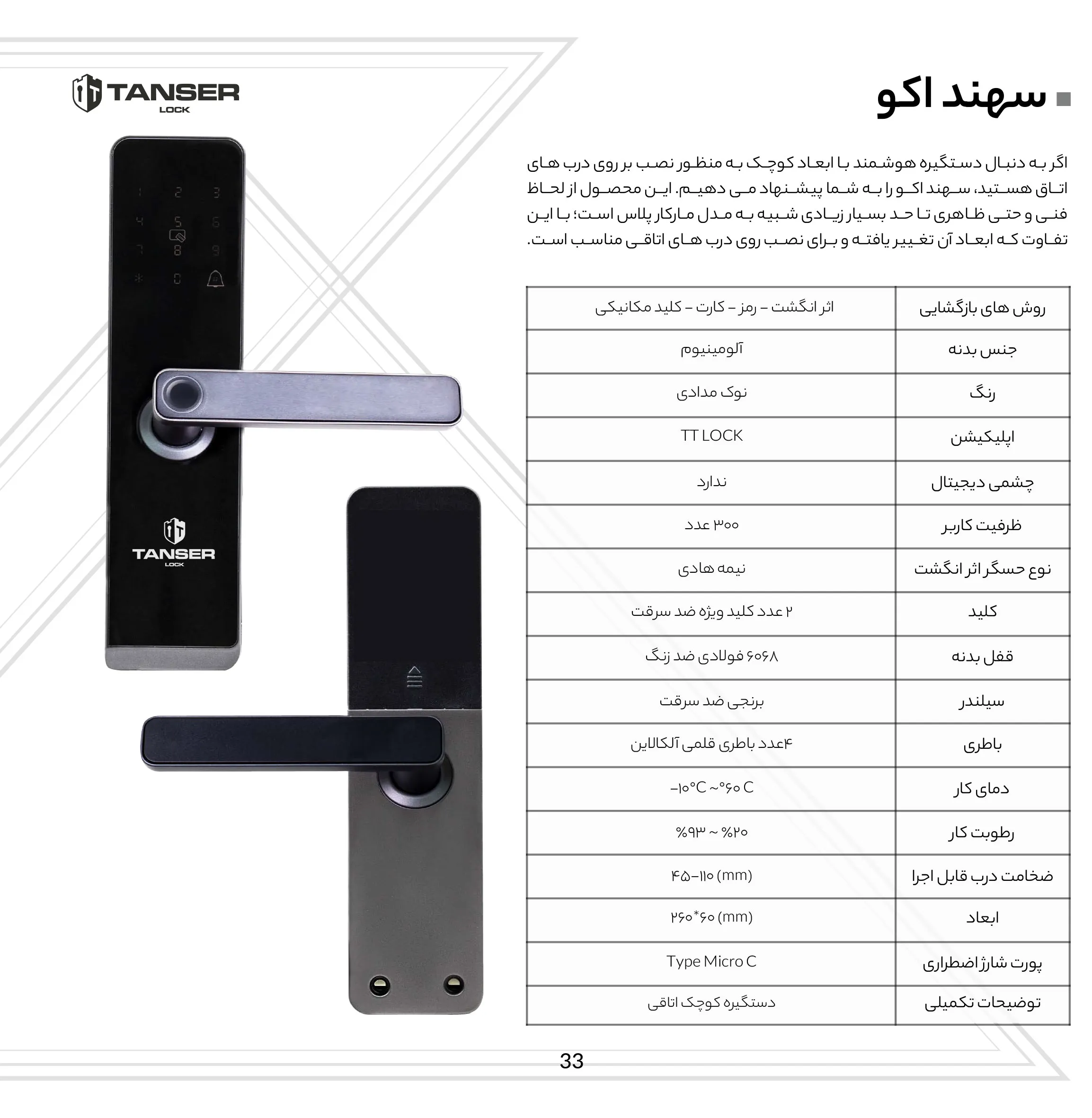 کاتالوگ دستگیره هوشمند تنسر لاک مدل سهند اکو