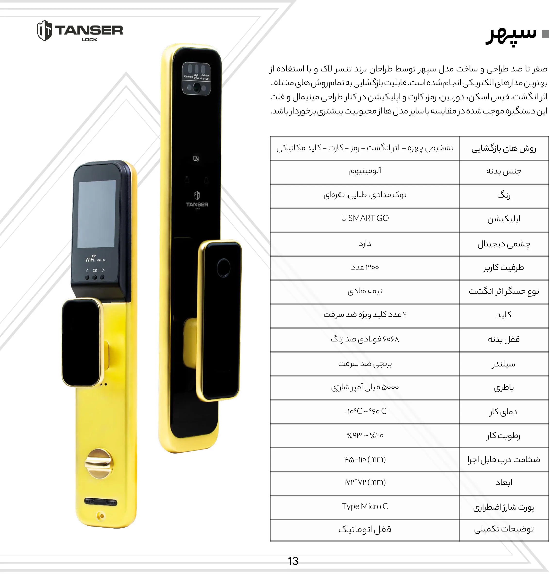 کاتالوگ قفل دیجیتال تنسر لاک مدل سپهر
